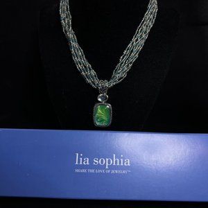 Lia Sophia Silver Tone Blue & Silver Bead Necklace W/Green Blue Pendant (2778)